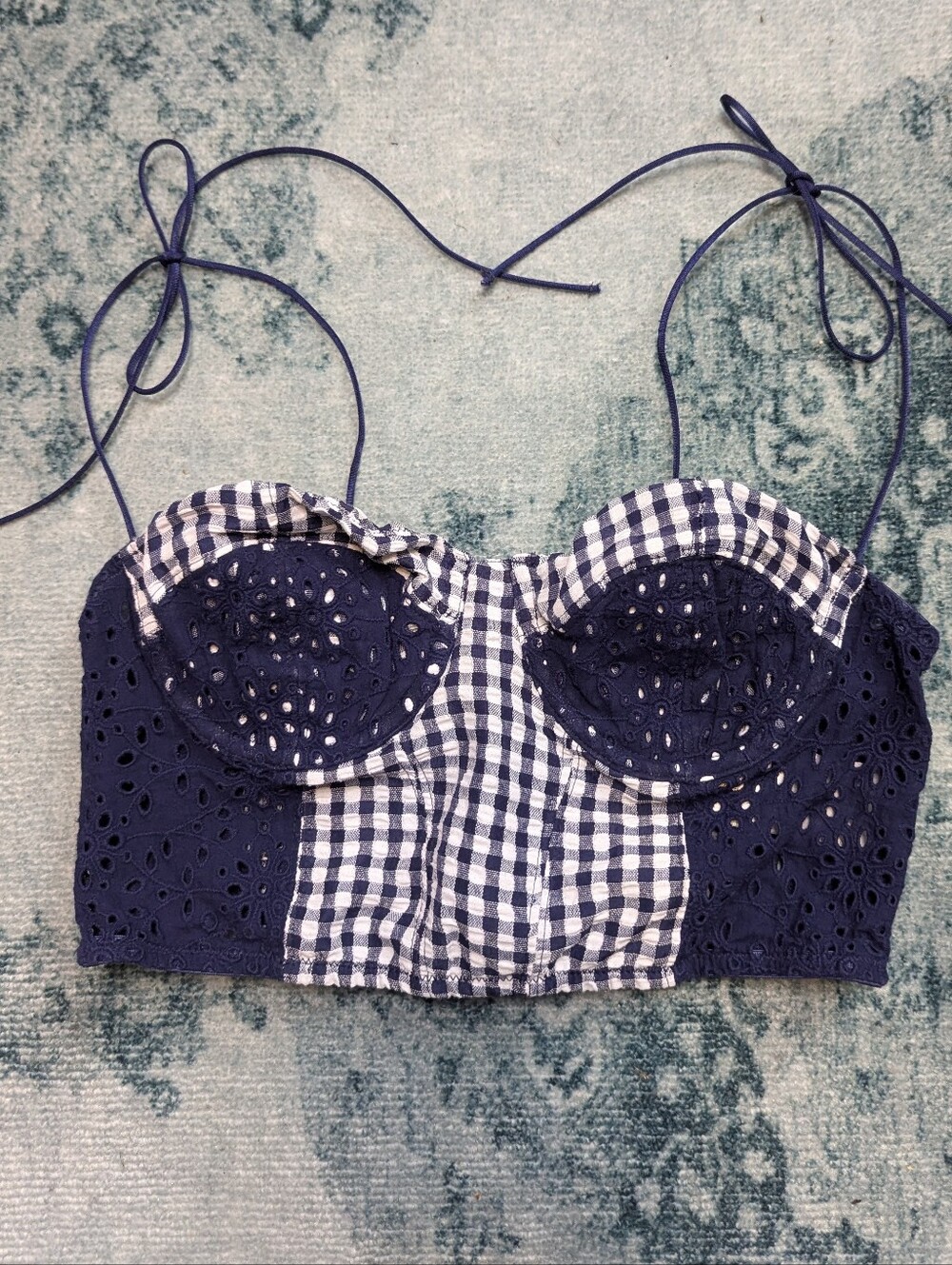 Urban Outfitters Navy Gingham & Eyelet Lace Bustier Top - Size M